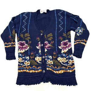 Vintage Chu Cardigan Knit Sweater Crochet Hem Trim & Cuffs Button Up Women’s L